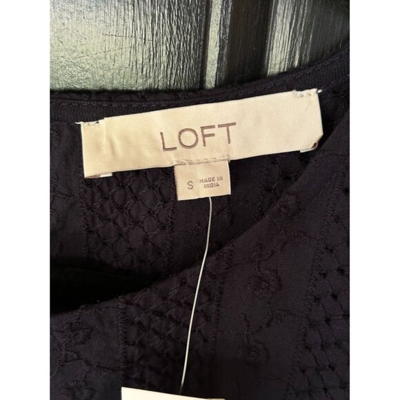 Loft Navy Blue Embroidered Cotton Blouse With Balloon Sleeves S - Picture 4 of 8